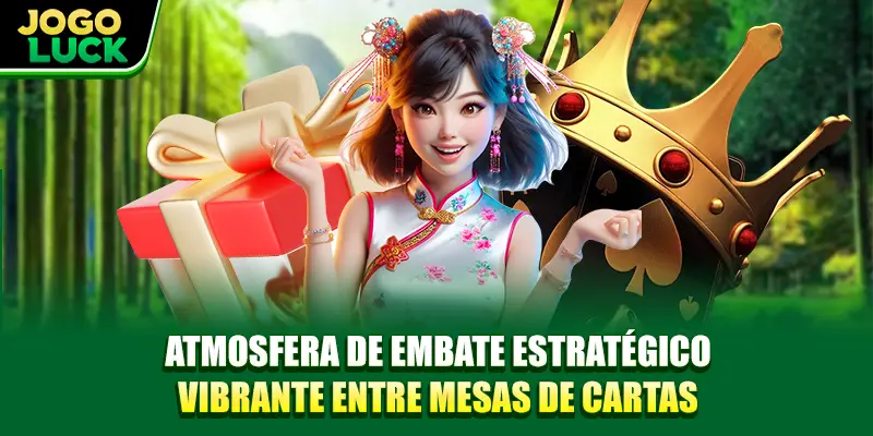 Atmosfera de embate estratégico vibrante entre mesas de cartas